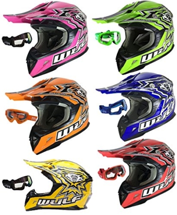 KINDERHELM CROSSHELM WULFSPORT FLITE XTRA KIDS JUNIOR ATV MX FÜR KINDER QUAD MIT BRILLE ALLE FARBEN (XL, GELB) - 1