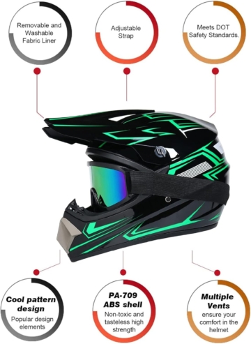 UIGJIOG Motorradhelm Kinder Set mit Brille, Handschuhen und weichem Helmfutter